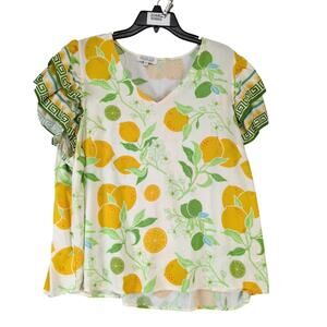 Rachel Zoe Floral Citrus Lemon Print Blouse Women's Plus Sz 2X Flutter Slv Retro